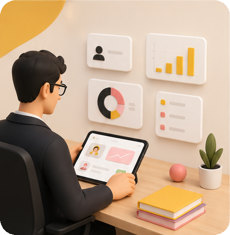 School administrator at a desk with a tablet showing the Kite Org dashboard with analytics