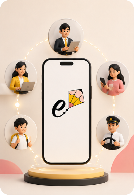 Kite Edu logo on a phone surrounded by the five connected parties: school admin, teacher, parent, student and bus driver
