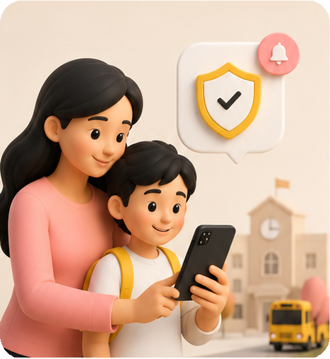 A mother and child looking at a phone showing a safety notification, with school in the background